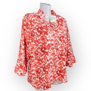 NWT Women's Linen Blend Sh3/4 Ruffle Sleeves Red Roses‎ Floral Button Top Art